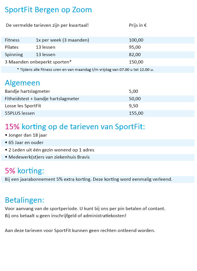 Tarieven SportFit 2016